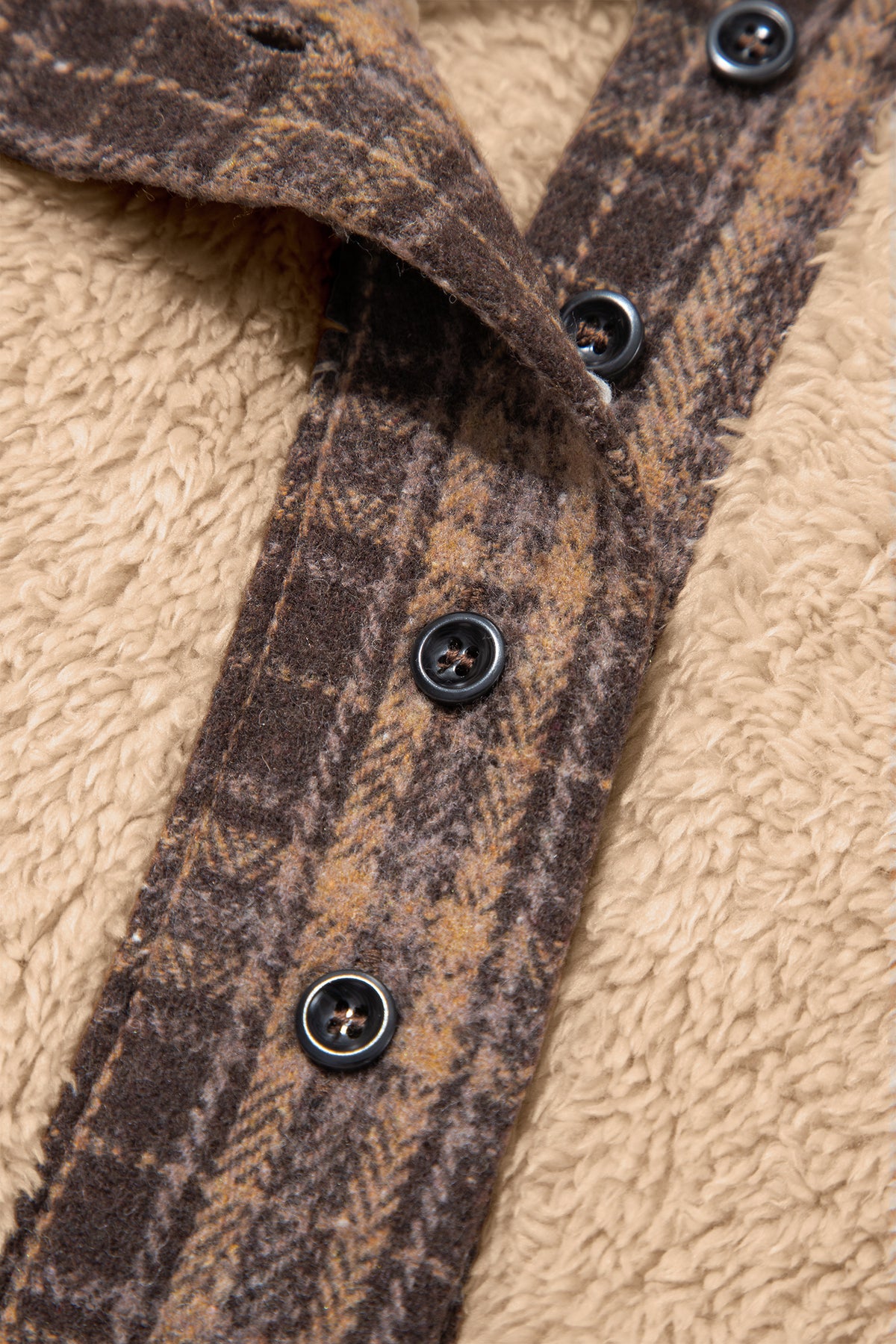 Light French Beige Plaid Collar Button Front Fleece Pullover Sweatshirt