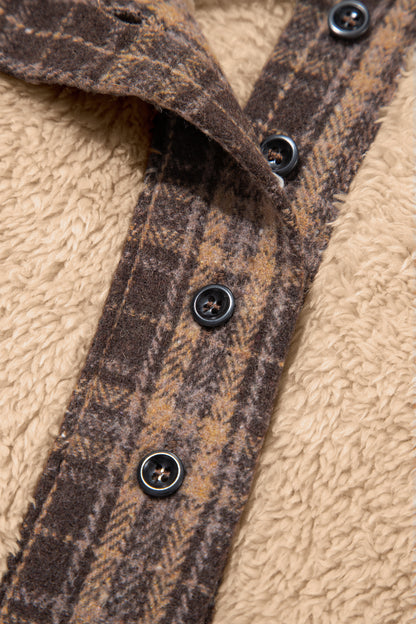 Light French Beige Plaid Collar Button Front Fleece Pullover Sweatshirt
