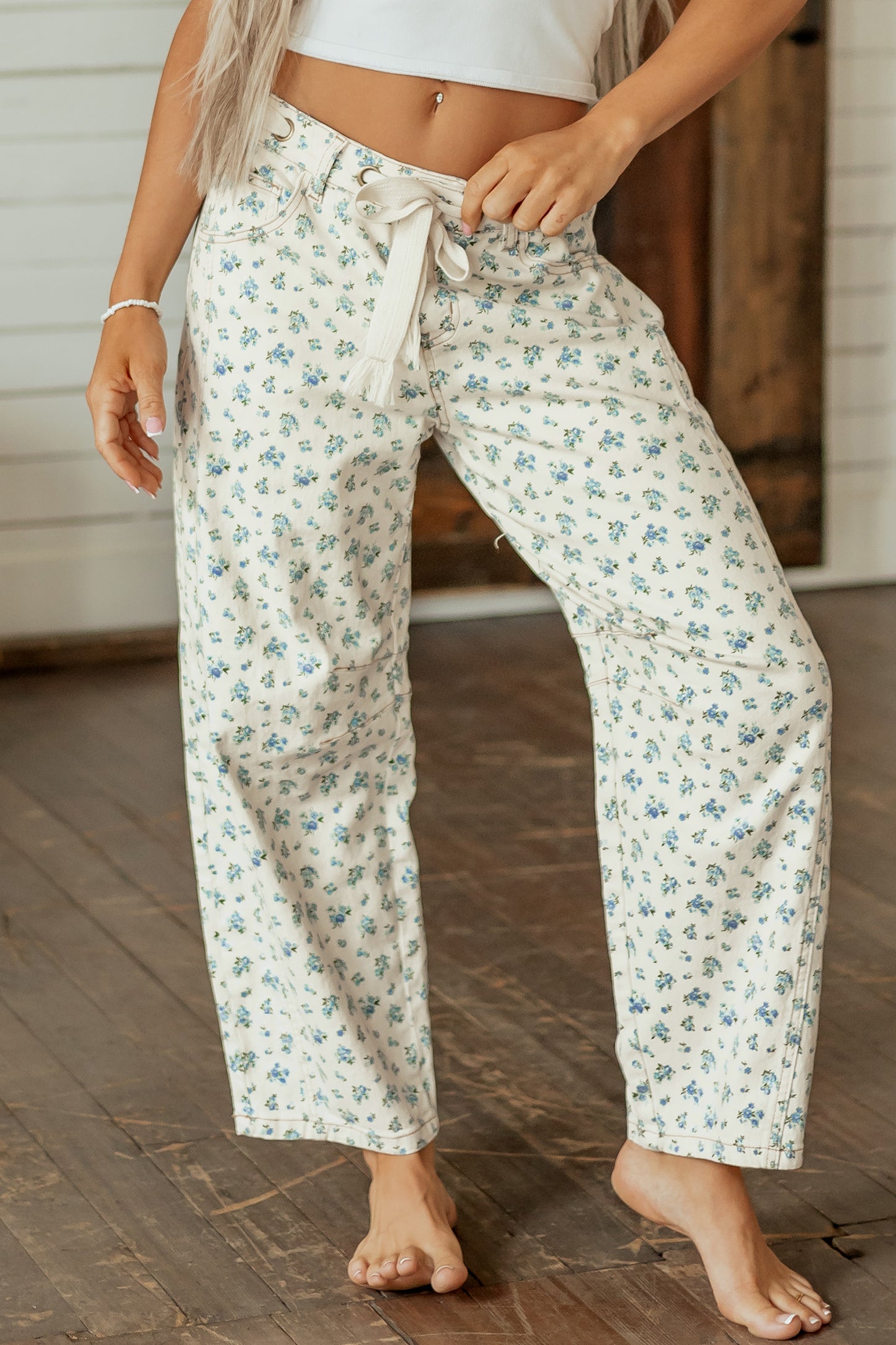 Beige Grommet Knot Waist Floral Barrel Leg Jeans