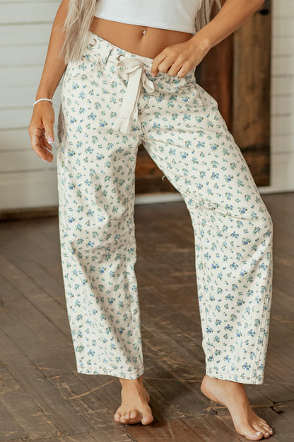 Beige Grommet Knot Waist Floral Barrel Leg Jeans