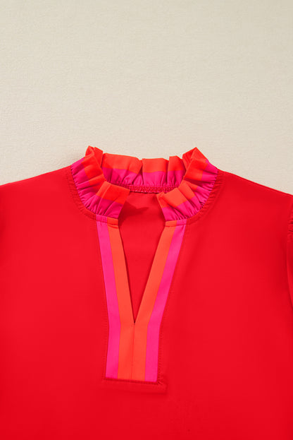 Fiery Red Striped Trim Ruffle Split Neck Long Sleeve Blouse