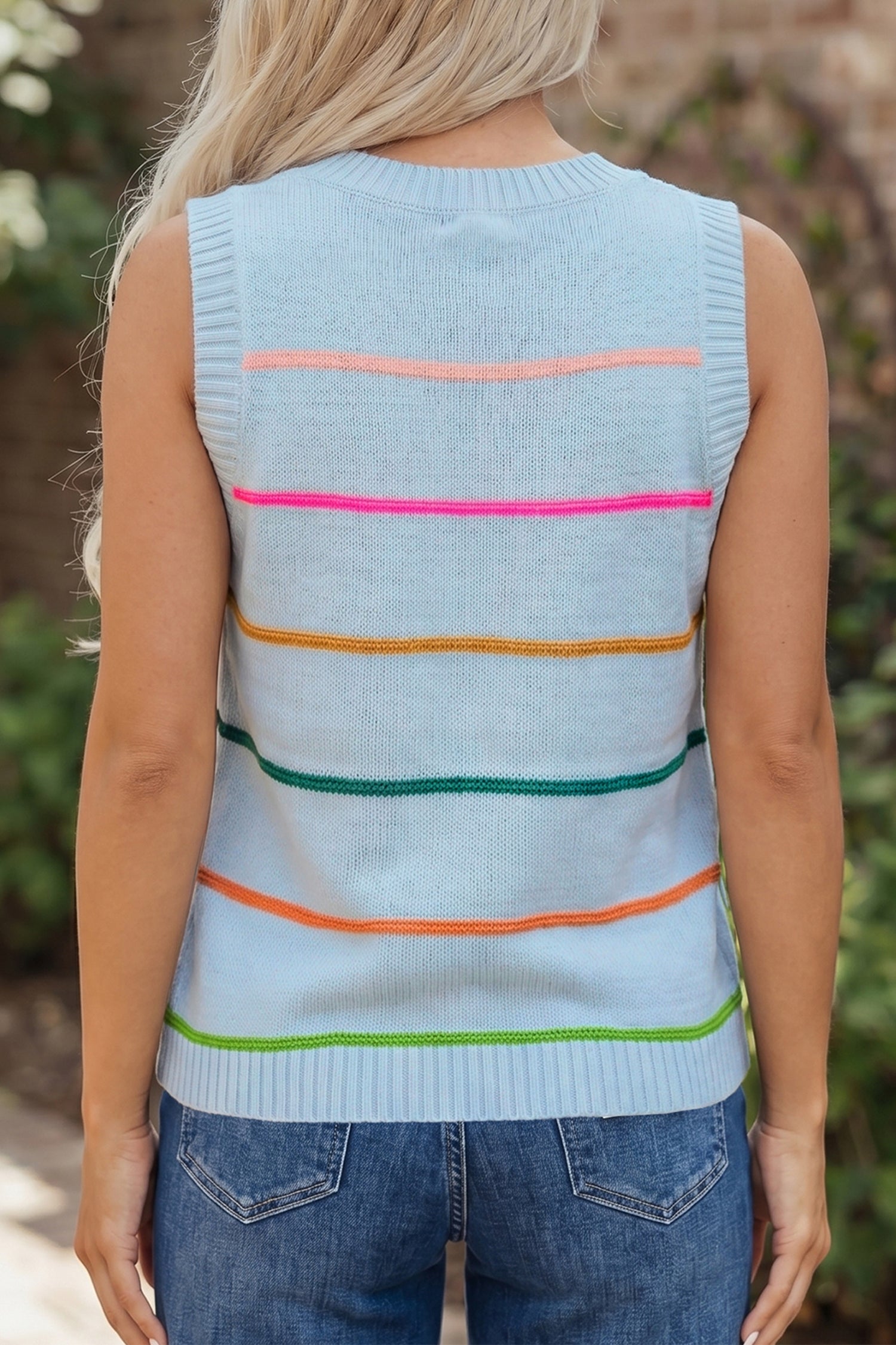 Blue Stripe Round Neck Knitted Sweater Tank