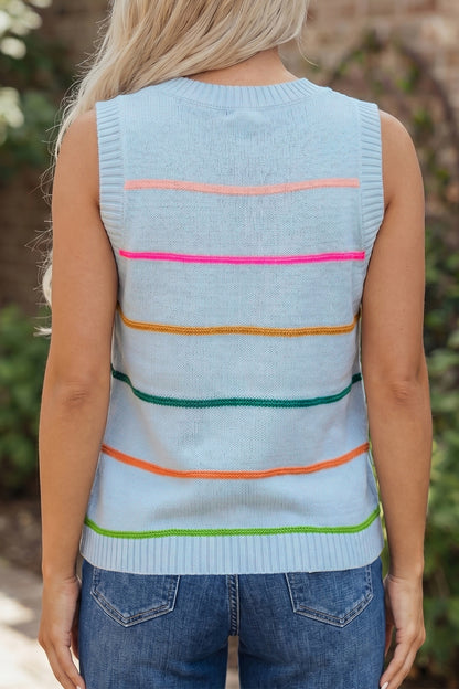 Blue Stripe Round Neck Knitted Sweater Tank