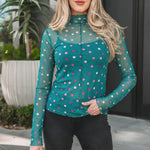 Green Polka Dot Patterned Bodycon Mock Neck Mesh Long Sleeve Top