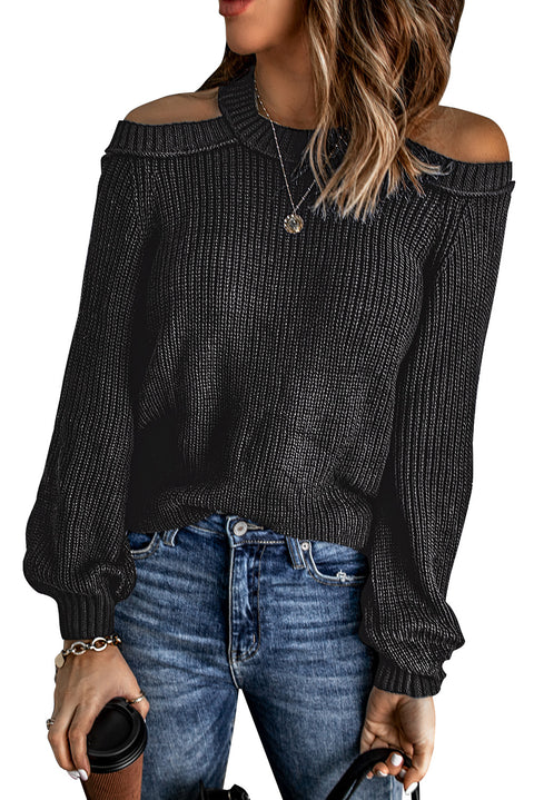 Women's Winter Casual Loose Long Sleeve Solid Color Halter Neck Backless Cross Belt Cold Shoulder Ribbed Knit Sweater