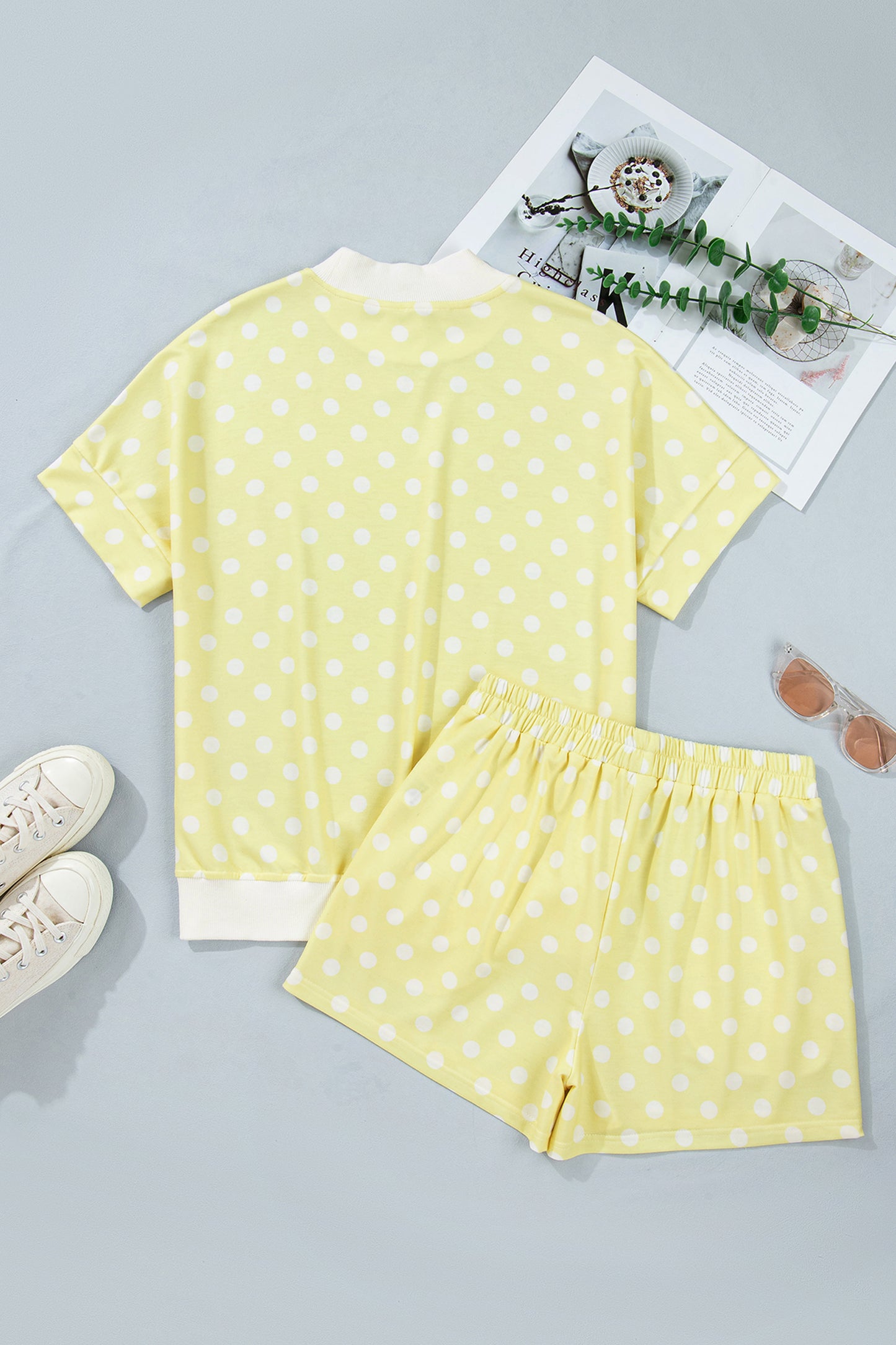 Green Polka Dot Print Color Block Trim Mock Neck Short Set