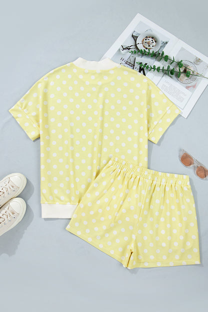 Green Polka Dot Print Color Block Trim Mock Neck Short Set
