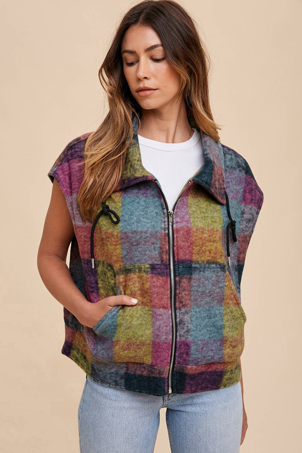 Gilet ample zippé à imprimé écossais multicolore avec poches latérales