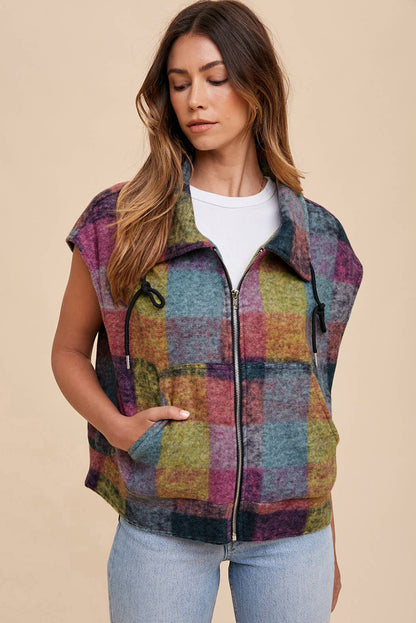 Gilet ample zippé à imprimé écossais multicolore avec poches latérales