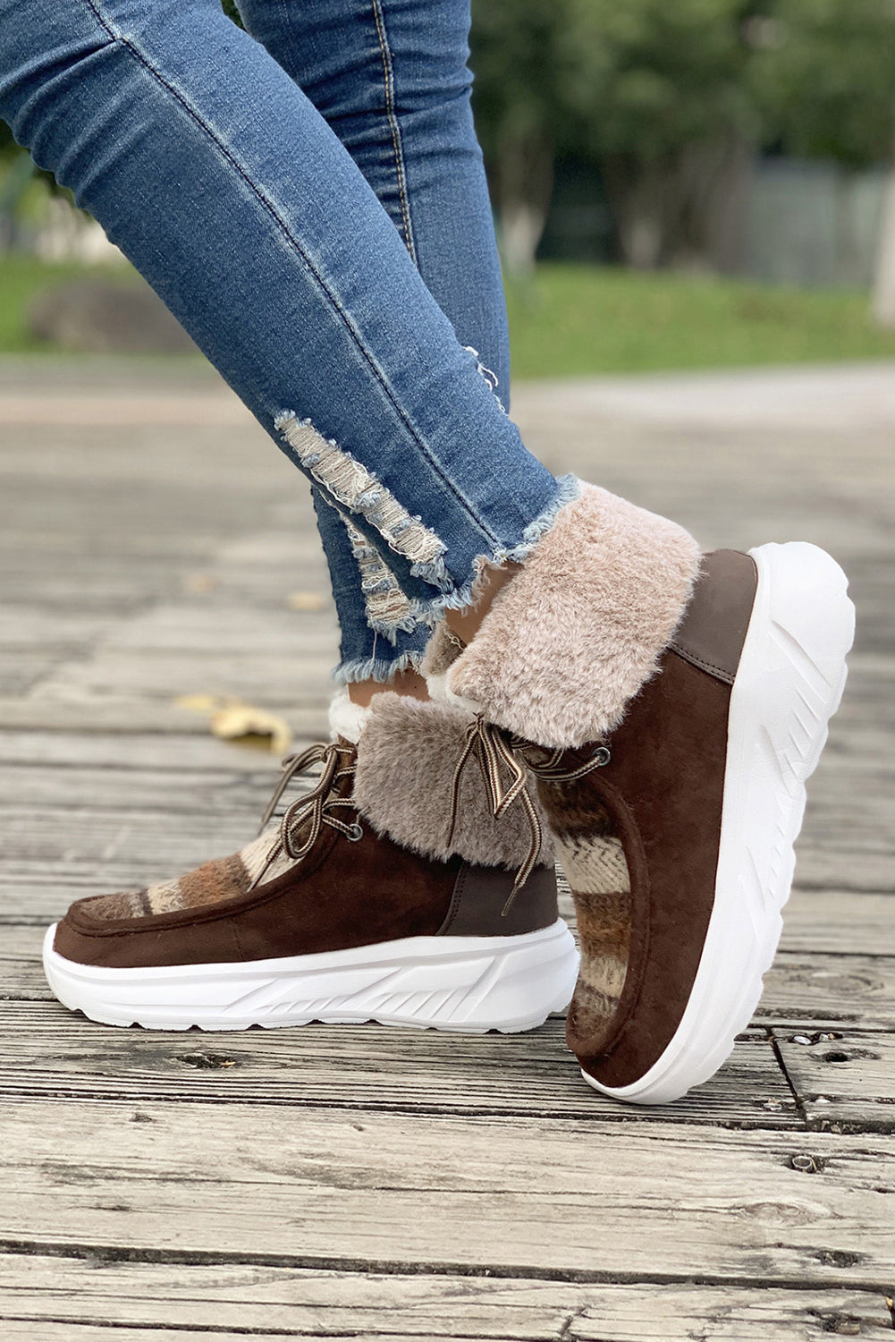 Chestnut Plush Suede Patched Lace Up Ankle Boots