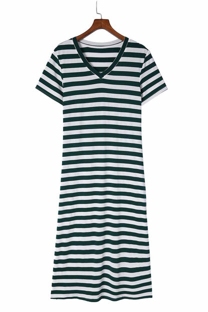 Vestido largo con cuello en V y estampado de rayas con aberturas laterales 