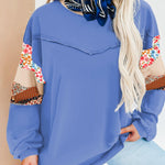 Blue Exposed Seam Floral Mixed Patchwork Relaxed Plus Size Top