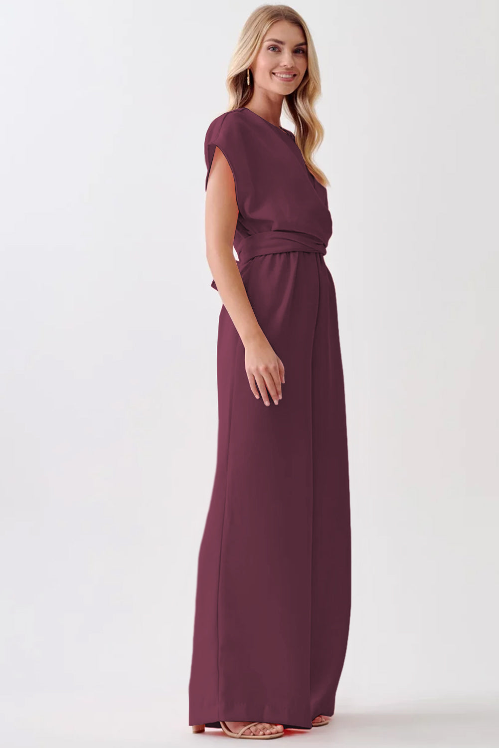 Burgundy Solid Color Cap Sleeve Knot Waist Shift Jumpsuit