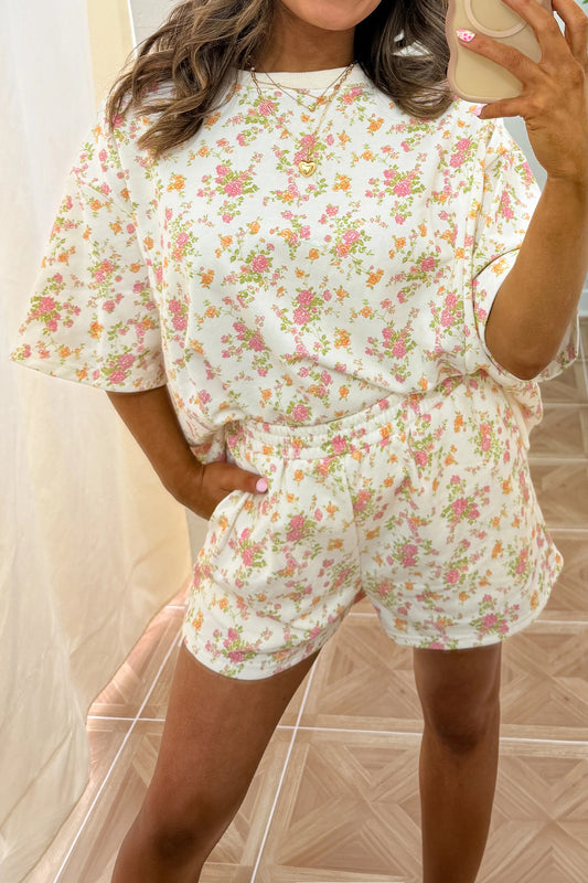 Pink Floral Print Short Sleeve Elastic Waist Pocket Two Piece Set