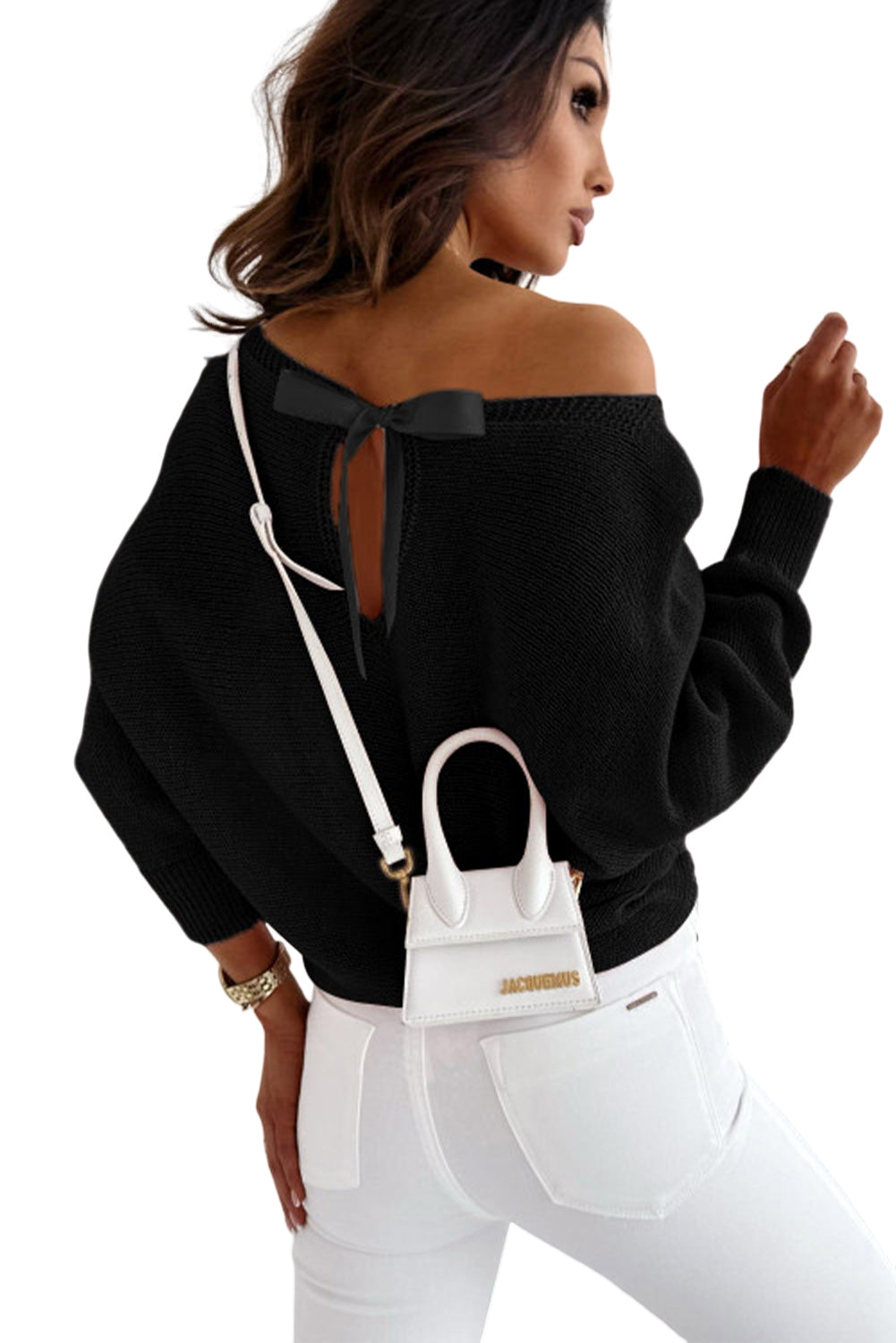 Pull à manches dolman et nœud papillon en ruban rose 