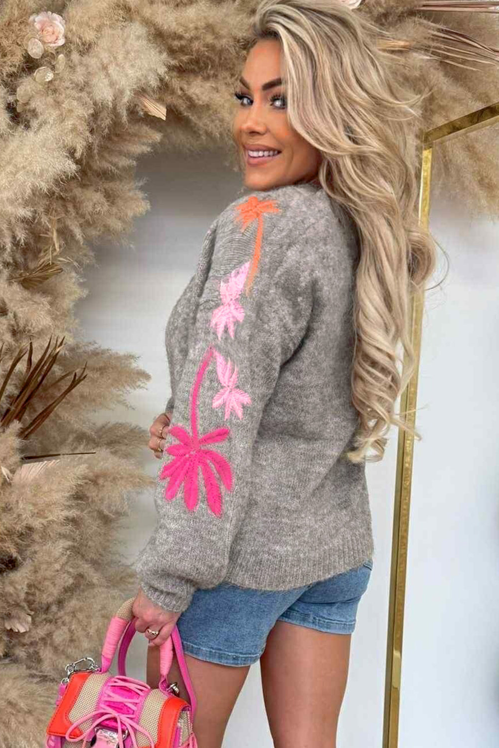 Simply Taupe Embroidered Floral Sleeve Round Neck Loose Sweater