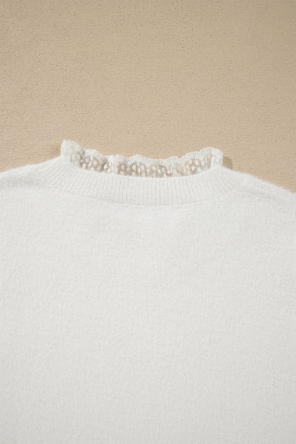 White Lace Trim Neck Cuff Patchwork Long Sleeve Pullover Sweater
