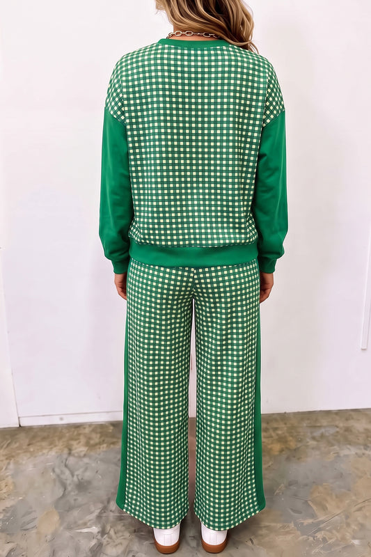 Green Color Block Plaid Patchwork Long Sleeve Pullover Wide Leg Pant Set
