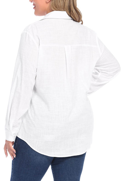Chemise boutonnée blanche texturée en lin grande taille 