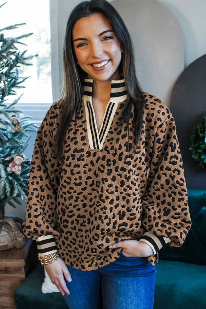 Brown Leopard Print Striped Trim Collar Long Sleeve Shift Pullover