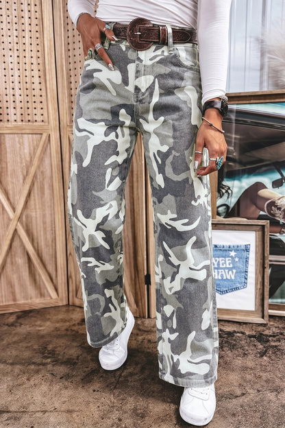 Green Camo Pattern Cotton Denim Shift Jeans