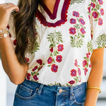 White Floral Short Bubble Sleeve Contrast Slit Neckline Blouse