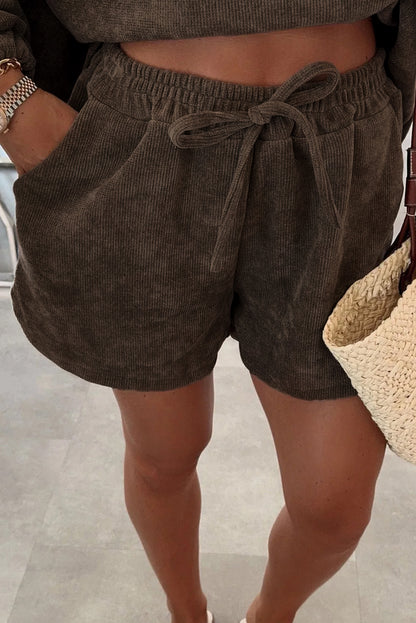 Black Solid Color Textured Knit Drop Shoulder Pullover Drawstring Shorts Set