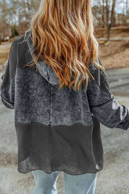 Khaki Waffle Patchwork Vintage Washed Hooded Jacket