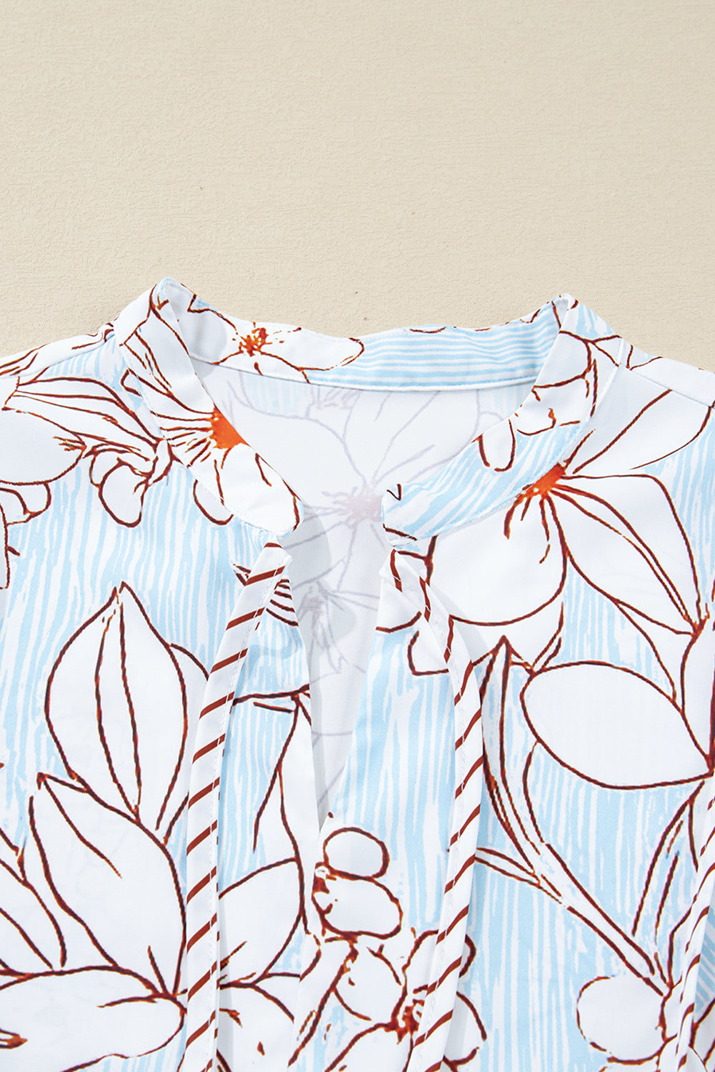 Brown Floral Print Tie Neck 3/4 Sleeve Mini Dress