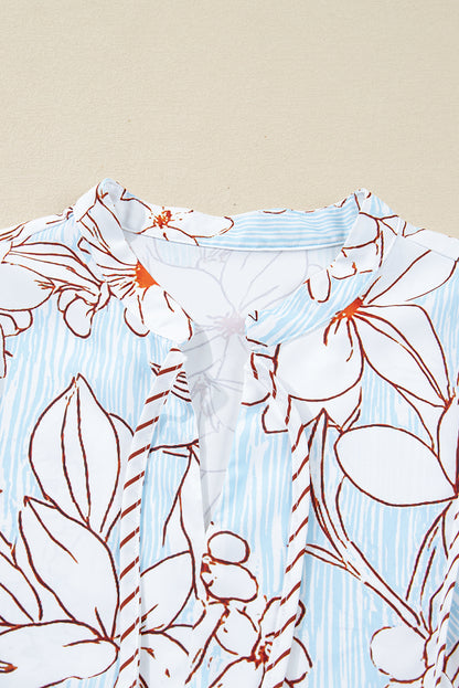 Brown Floral Print Tie Neck 3/4 Sleeve Mini Dress