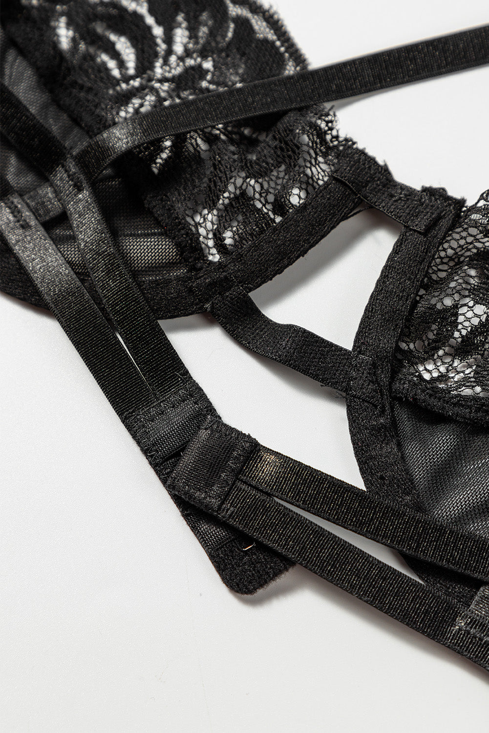 3 piezas set de lencería de malla de encaje con liguero de plumas 