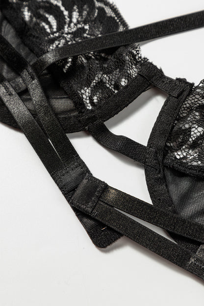 3 piezas set de lencería de malla de encaje con liguero de plumas 