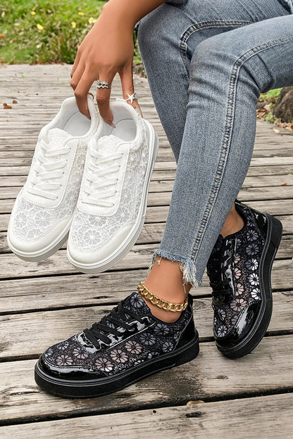 White Sheer Floral Lace Slip-On Casual Sneakers