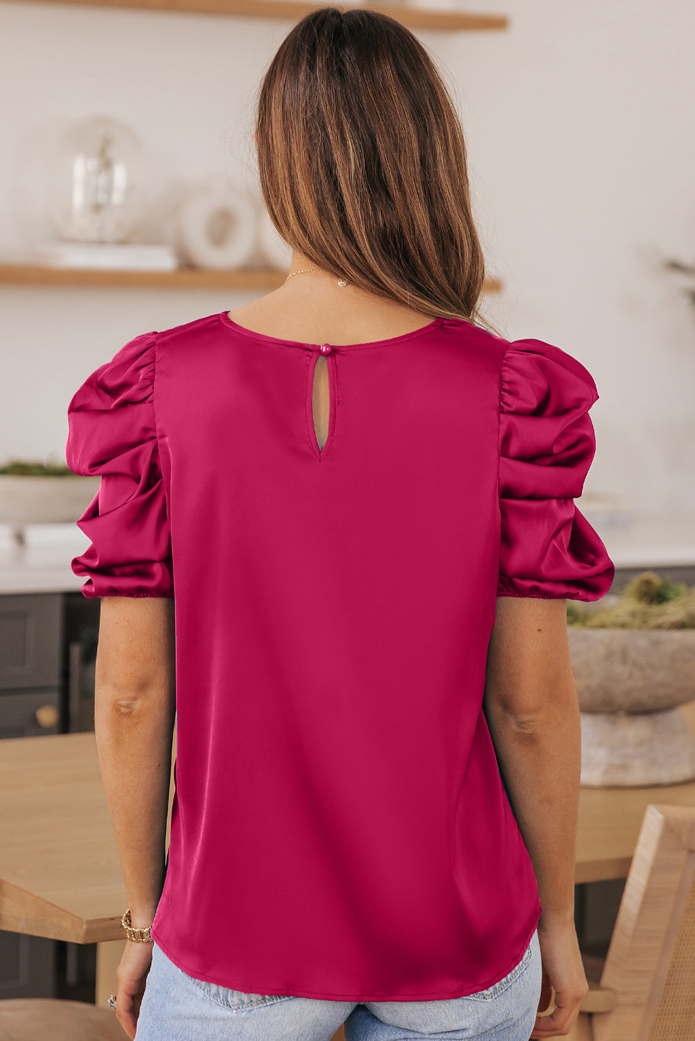 Ruched Puff Short Sleeve Satin Blouse