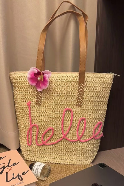 Khaki Hello Boho Handwoven Floral Accent Travel Tote Bag