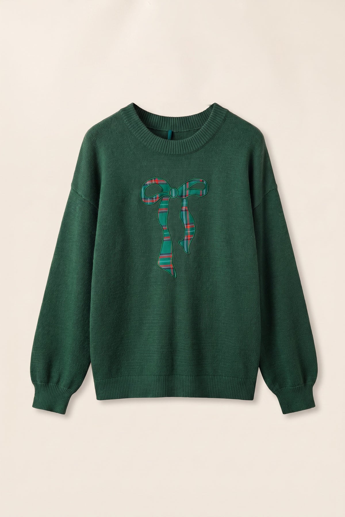 Blackish Green Plaid Bow Detail Drop Shoulder Christmas Sweater