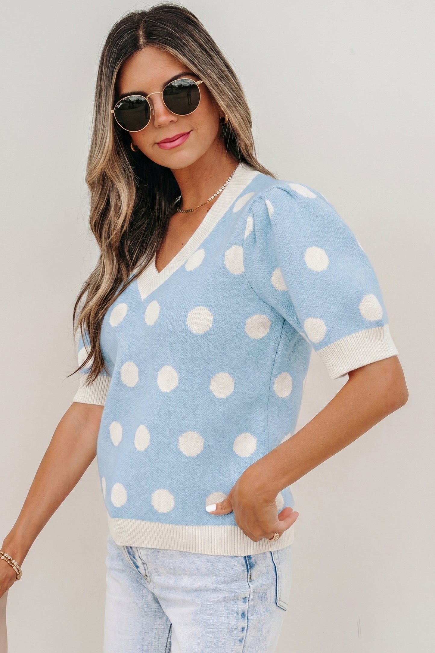 Light Blue Polka Dot Puff Short Sleeve Sweater Top