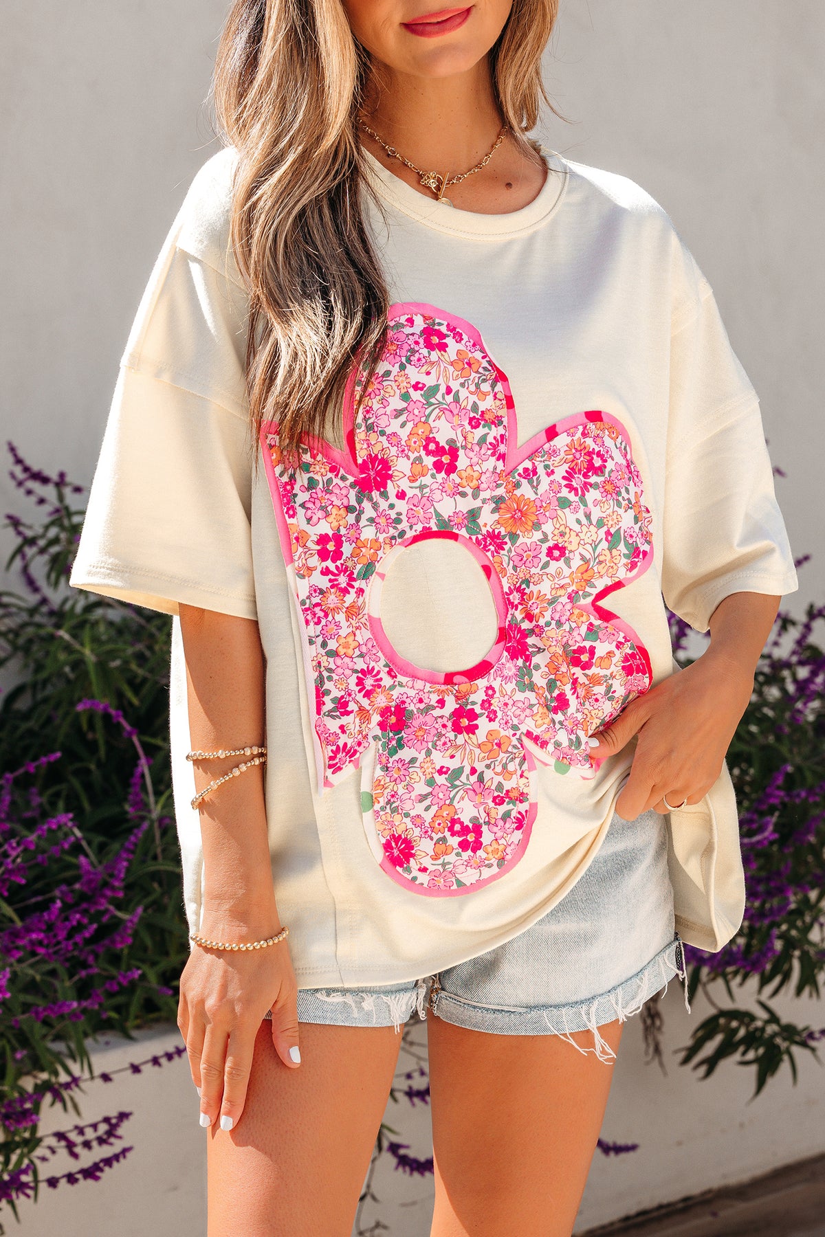 Jet Stream Floral Patched Raw Seam Big Flower Oversize Tee