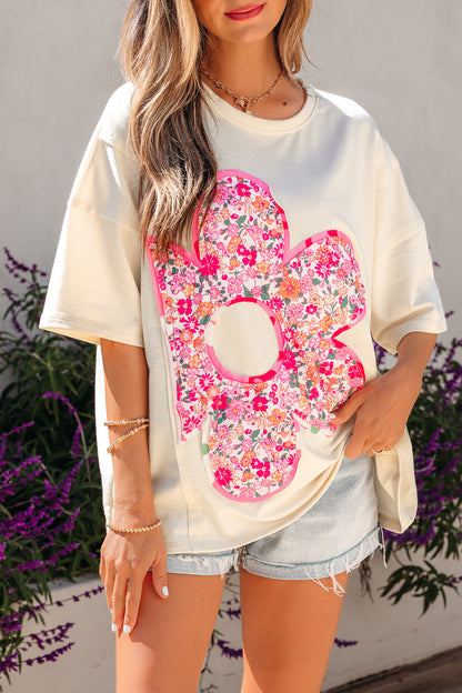 Jet Stream Floral Patched Raw Seam Big Flower Oversize Tee