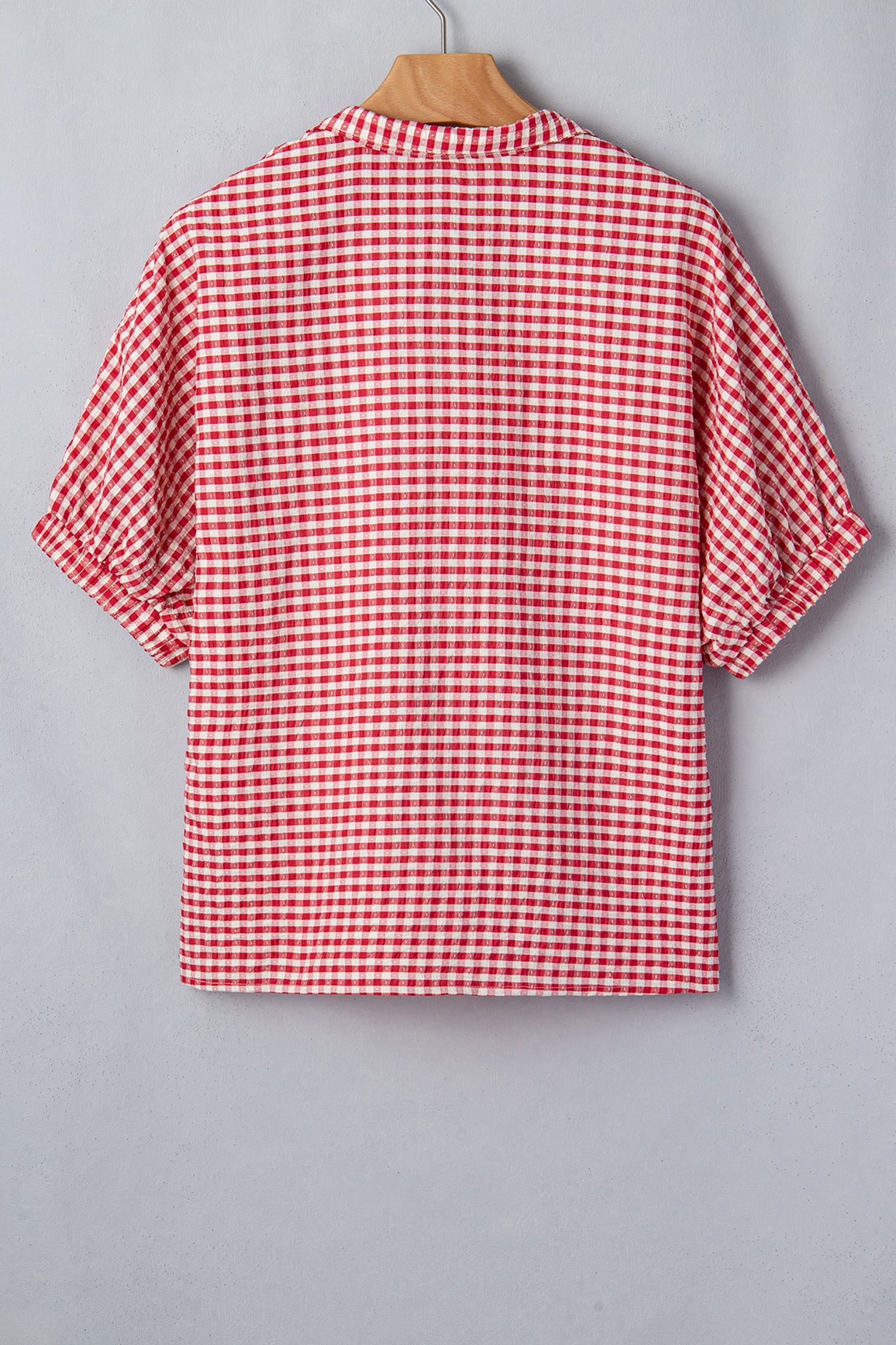 Red Plaid Short Sleeve Colorblock Trim Split Neck Blouse