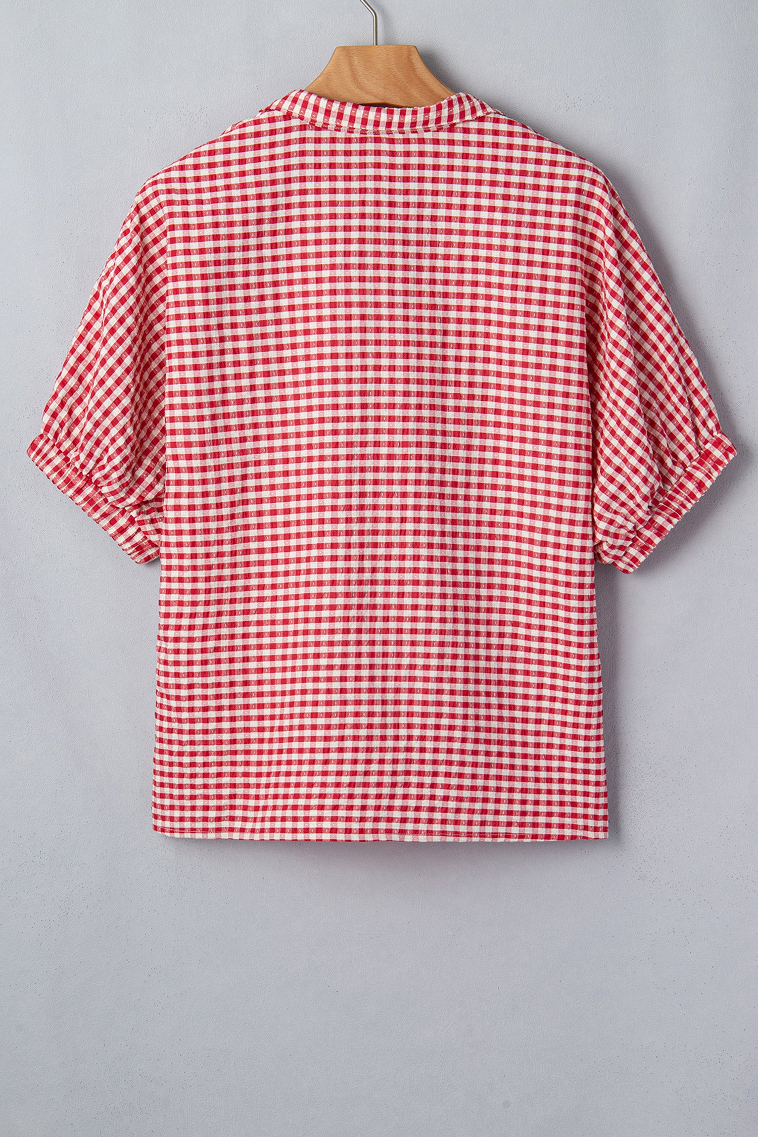 Red Plaid Short Sleeve Colorblock Trim Split Neck Blouse
