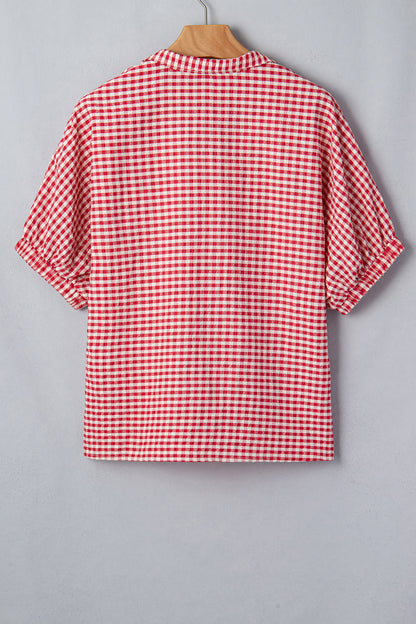 Red Plaid Short Sleeve Colorblock Trim Split Neck Blouse