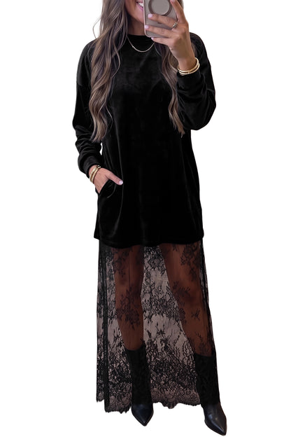 Black Velvet Long Sleeve Lace Splicing Hem Shift Maxi Dress