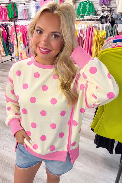 Yellow Polka Dot Contrast Patchwork Round Neck Baggy Sweatshirt