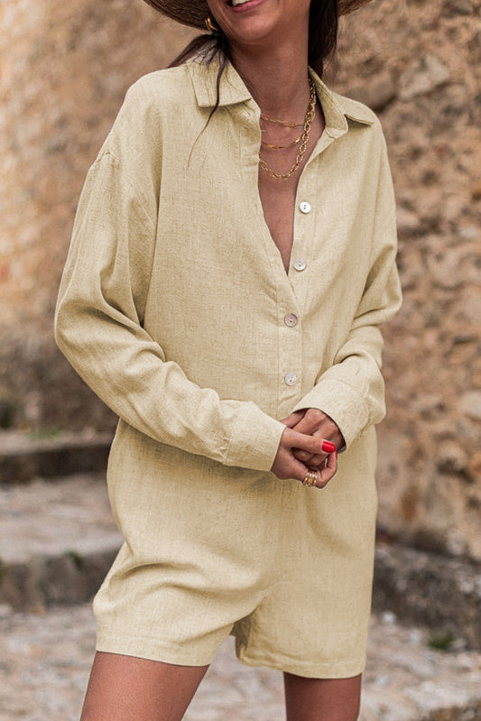 Combinaison ample à manches longues et col chemise à demi-boutons 