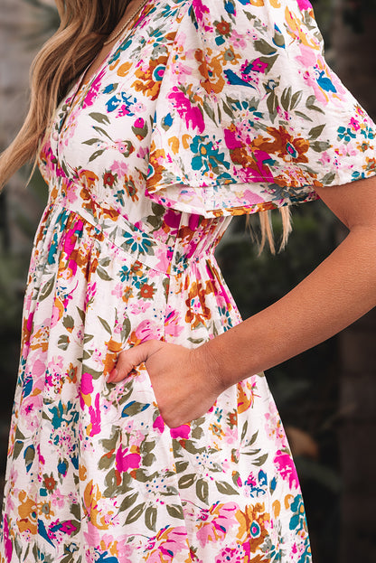 Red Floral Short Sleeve V Neck High Waist Maxi Dress