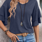 Sail Blue Solid Colour V-Neck Double Layer Sleeve Loose T-Shirt