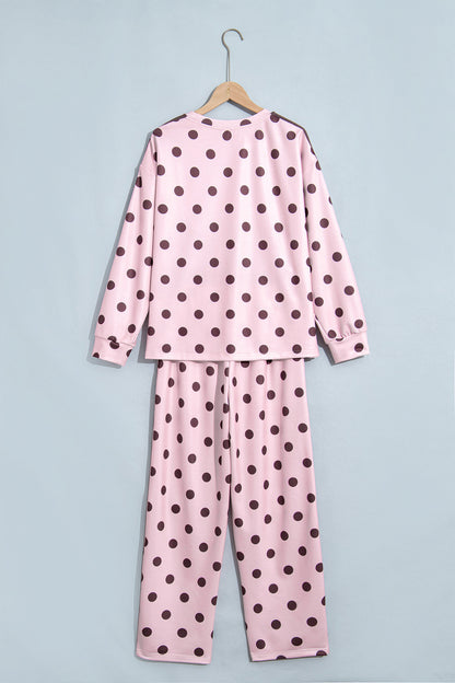 Pink Polka Dot Print Side Stripe Detail Long Sleeve Top Casual Pant Set