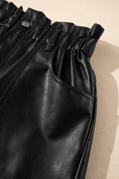 Black Faux Leather Paper Bag Waist High Rise Shorts