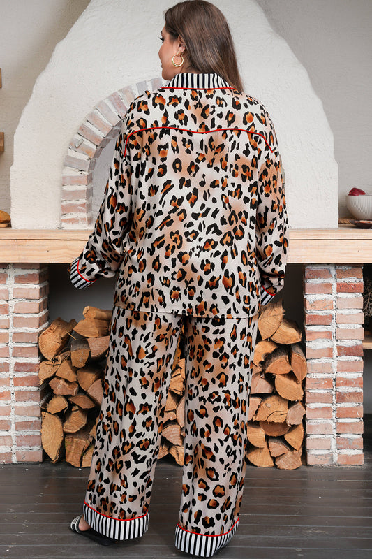 Khaki Plus Leopard Print Contrast Piping Striped Patchwork 2pcs Long Pajama Set